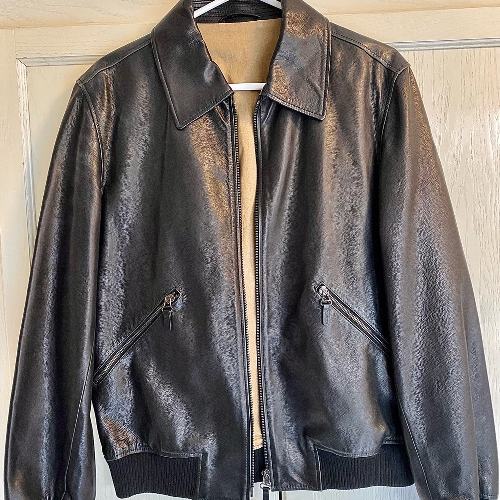 Black Bomber Jacket with Leather Material and Full-Length Zipper